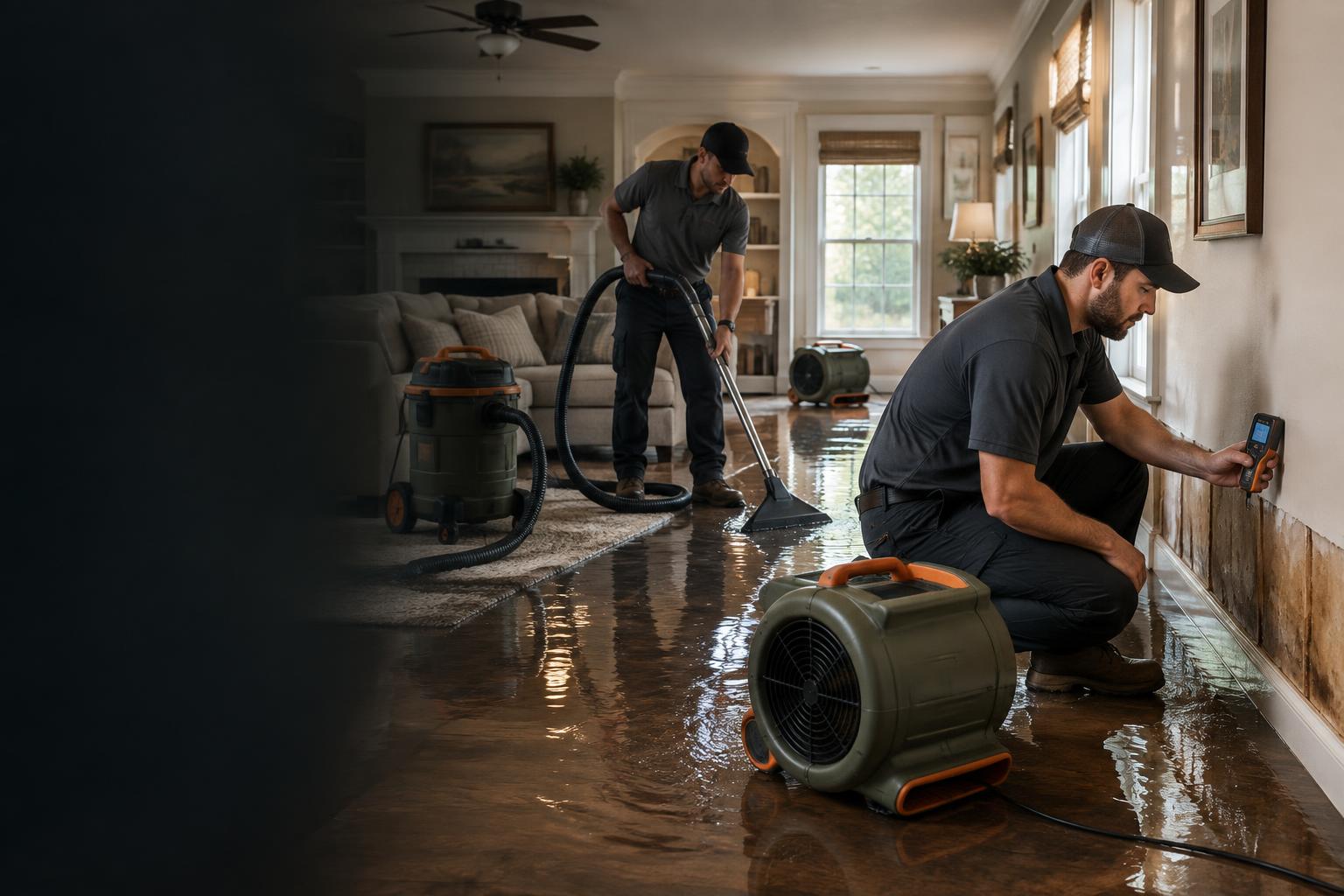 Water restoration technicians extracting water and checking moisture in a home